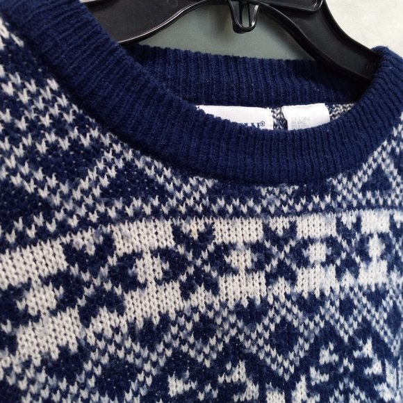 Vintage Men's Blue White Nordic Fair Isle Winter Knit Sweater  LG (T-346) - Picture 9 of 11